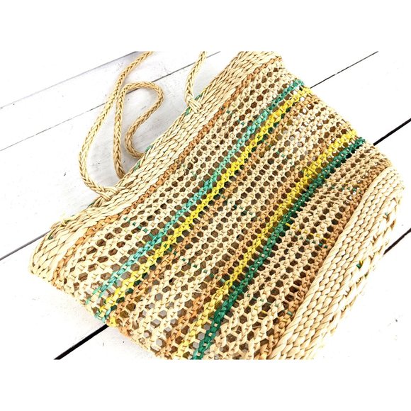 Striped woven straw rattan market bag straw shoulder purse - Picture 3 of 5